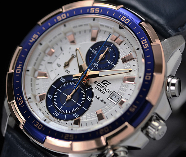 カシオEDIFICEエディフィス欧米モデル ゴールド&ブルー 100m防水 クロノグラフ 本革 CASIO 新品未使用 メンズ 本物拍卖