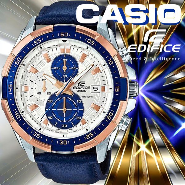 カシオEDIFICEエディフィス欧米モデル ゴールド&ブルー 100m防水 クロノグラフ 本革 CASIO 新品未使用 メンズ 本物拍卖