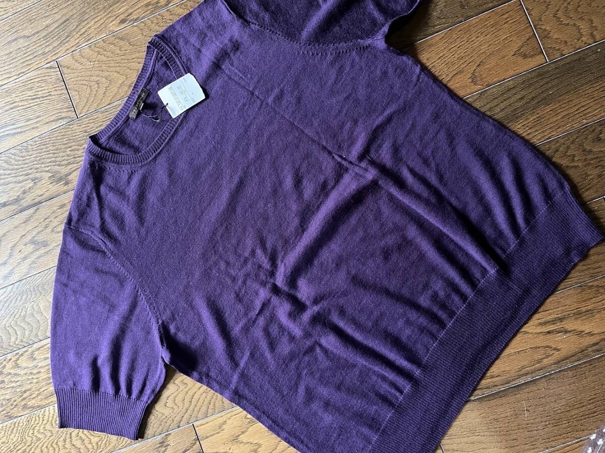 未使用☆トランスワークTRANS WORK 毛100% 半袖ハイゲージニット 濃紫 46拍卖