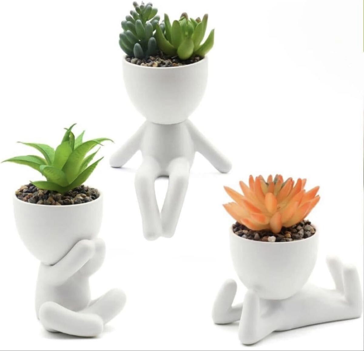 観葉植物 多肉植物 フェイクグリーン 人型の鉢 造花 人工植物 3個セット拍卖