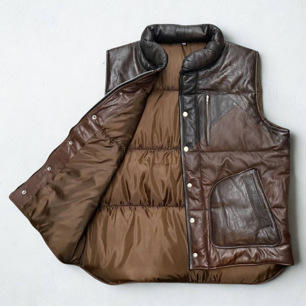◆世界に1点◆ XXL 本革リッチレザーダウンベスト茶 パッチワーク 牛革100% 秋冬春 中綿Fダウン アウトドア/キャンプ ※条件付送料無料拍卖