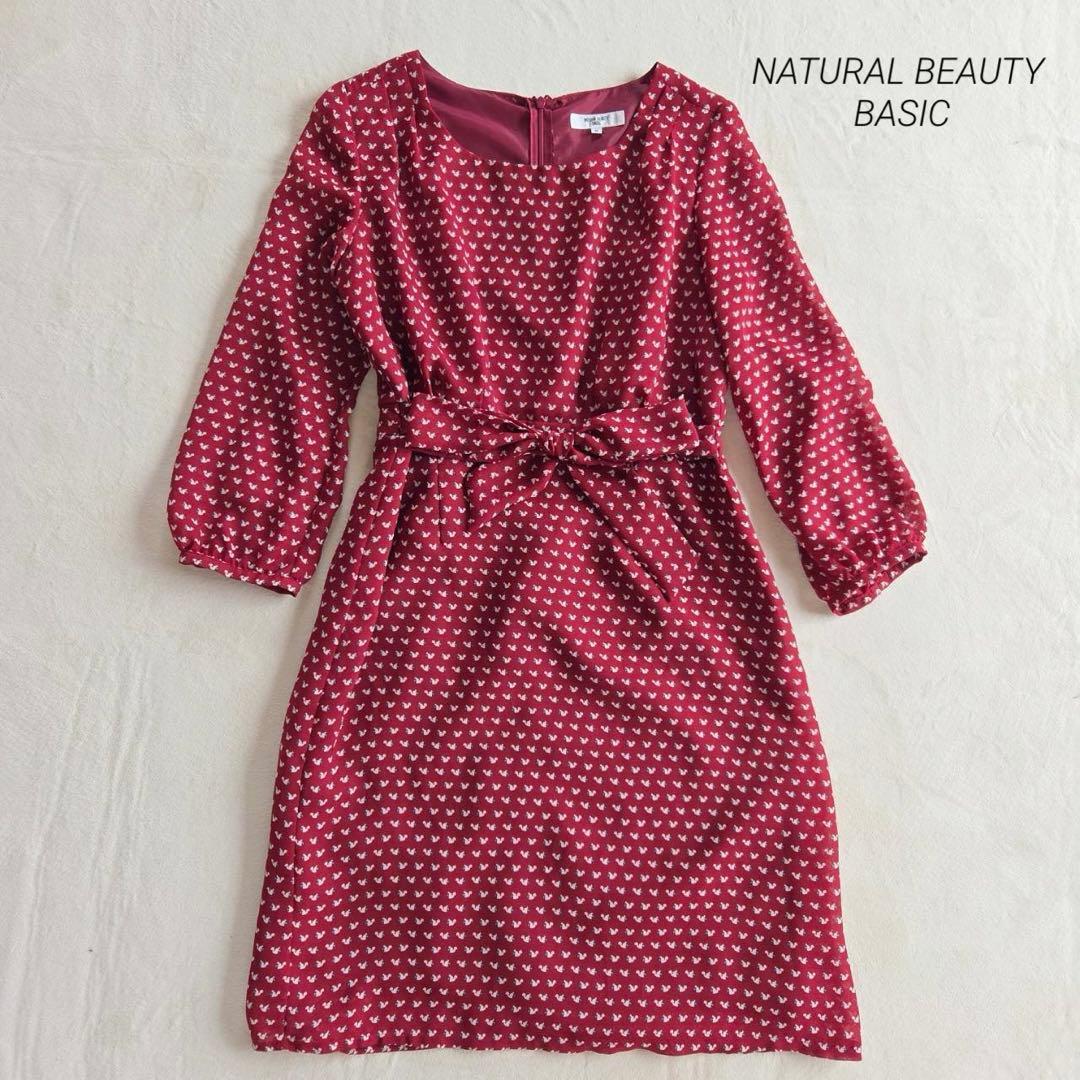 美品ナチュラルビューティーベーシック バード柄ワンピース S相当 リボン 赤拍卖