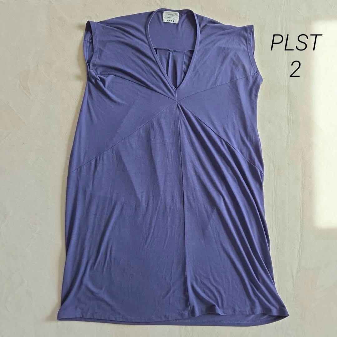 プラステ PLST カットソーワンピース ノースリーブ 膝丈 2 ブルー拍卖