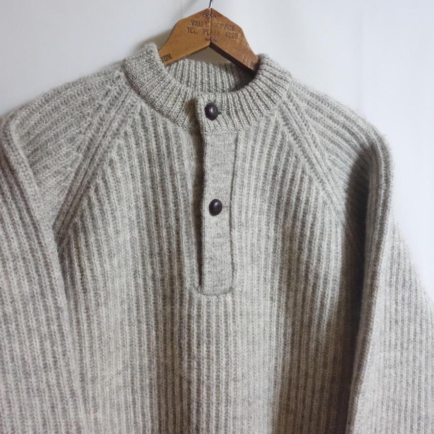 【ビンテージ クルーネック リブニット セーター L相当】ヘンリーネック アイボリー バスケットボタン ブリティッシュ BRITISH WOOL拍卖