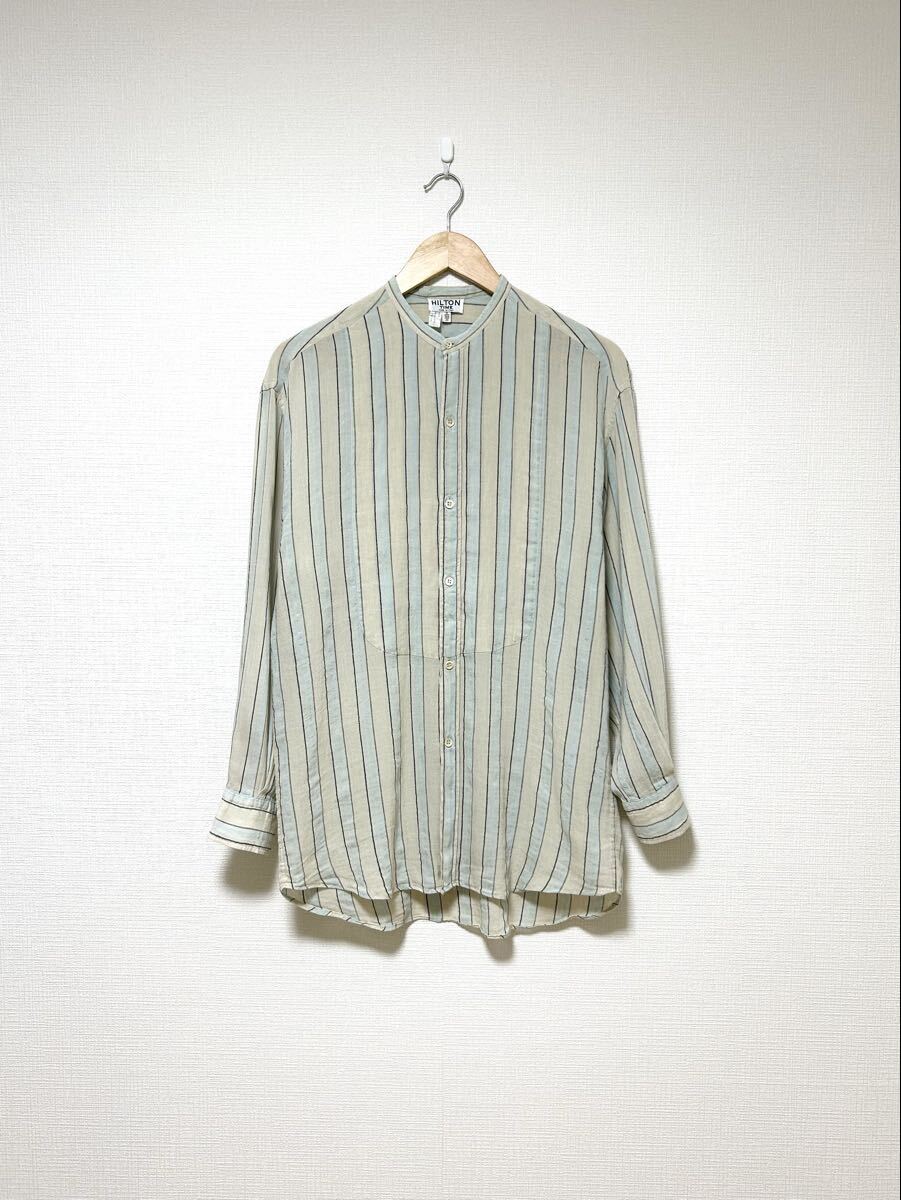 ヴィンテージ 80s HILTON TIME イタリア製 ストライプ バンドカラー 長袖シャツ 拍卖