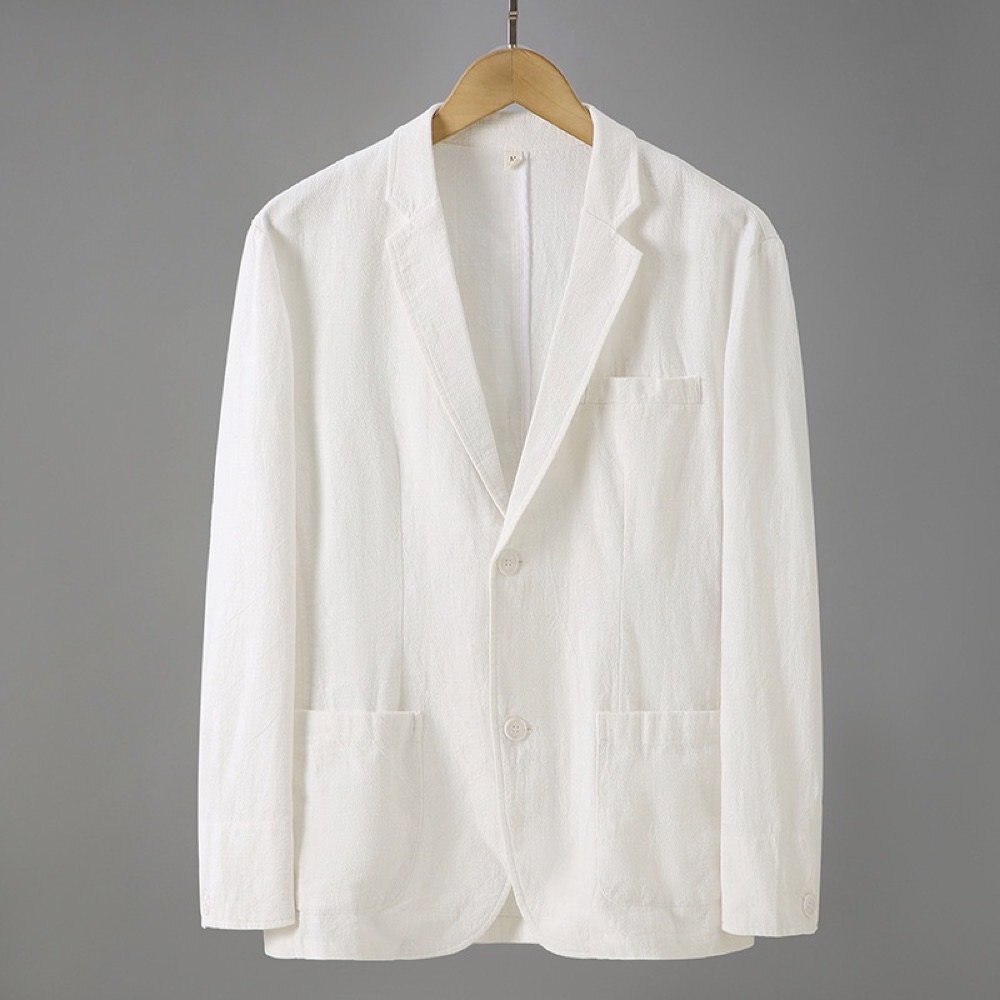 テーラードジャケット メンズ サマージャケット リネンジャケット ブレザー 麻綿 ビジネススーツ 長袖 コート 紳士服 無地 ホワイト 2XL拍卖