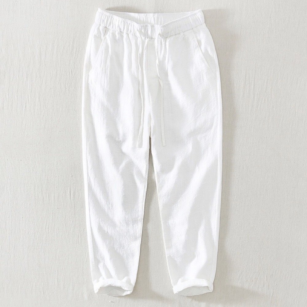 メンズ麻綿ズボン リネンパンツ ワイド 無地 涼しい イージーパンツ チノパン ジョガーパンツ カジュアル ボトムス 9分丈 ホワイト 4XL拍卖