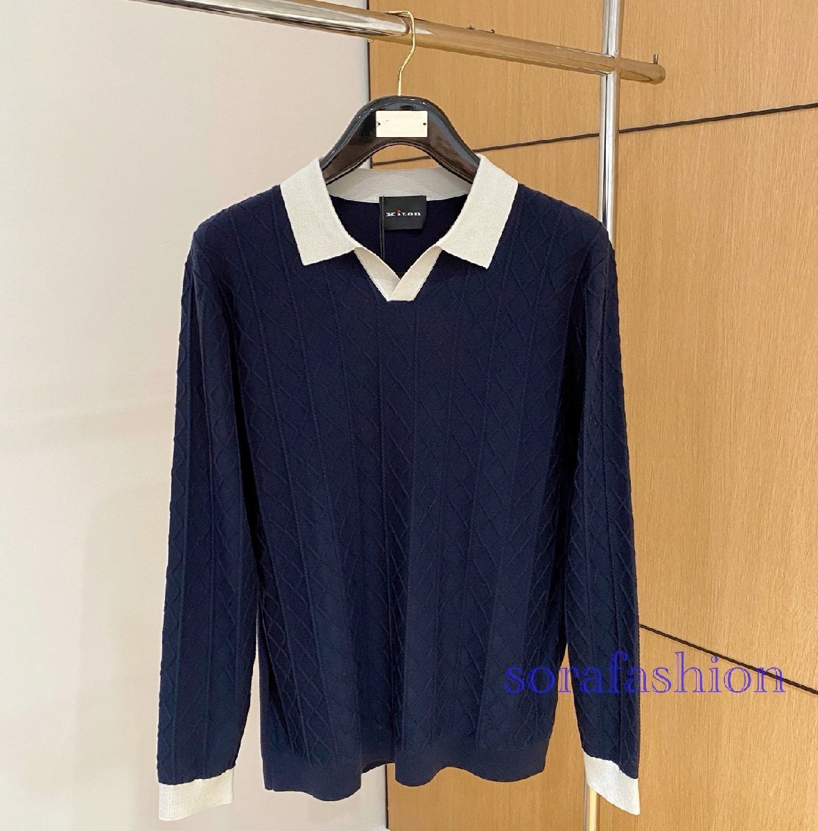 KITON キトン メンズニットポロシャツ 長袖T-シャツ トップス ネイビー 50サイズ ニットカットソー 紳士服 ジャガード柄 通気吸湿拍卖