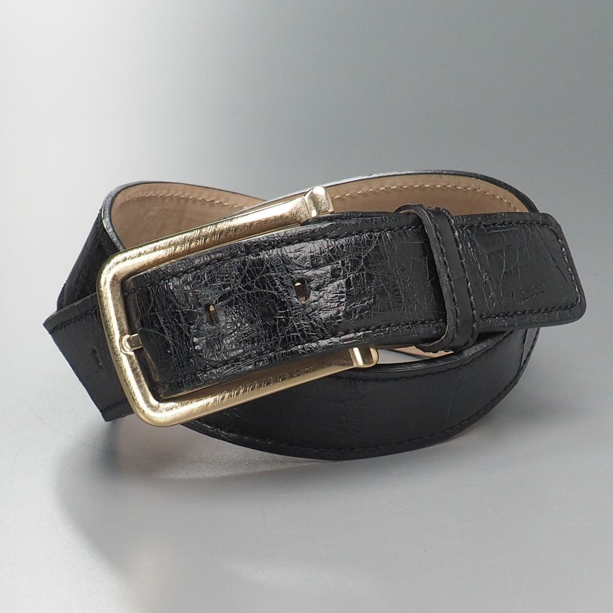 GS4093◎イタリア製 クロコダイルレザー ベルト メンズ 本ワニ革ベルト ブラック 黒 サイズ90拍卖