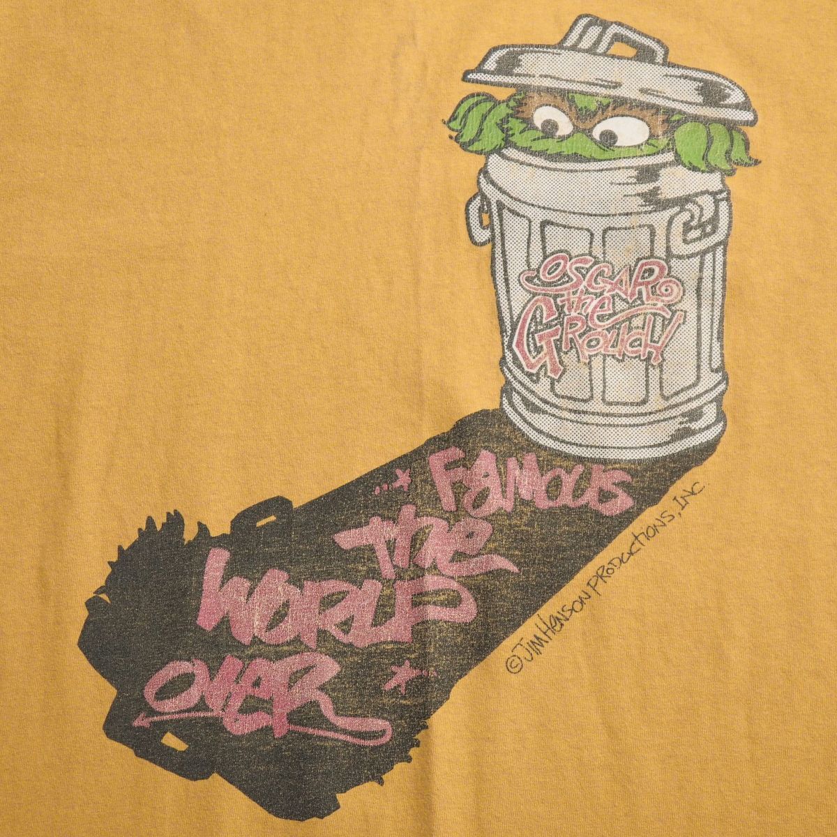 TJ7280◎90s USA製 SESAME STREET セサミストリート OSCAR オスカー プリント Tシャツ シングルステッチ イエロー系 サイズXL 丸胴拍卖