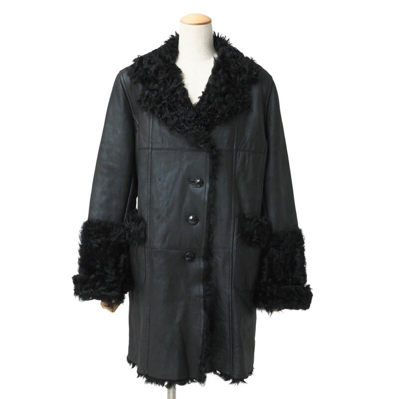 GS4717●リアルムートン コート*毛皮コート/レザーコート/ファーコート/袖口切替デザイン*レディース サイズ42*ブラック拍卖