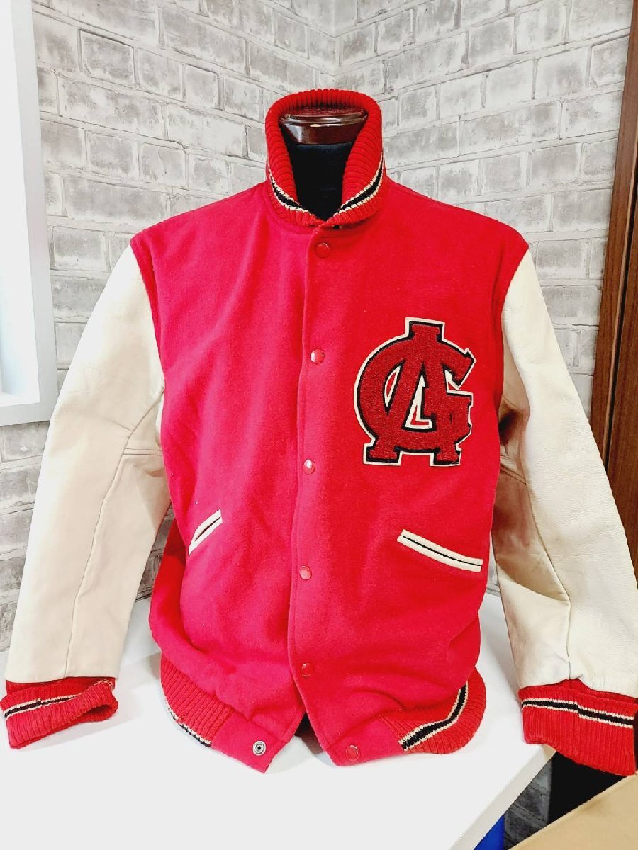 Ground-alls グラウンド オールズ SILVER STONE シルバーストーン 牛革レザー x メルトンウール レタードワッペン 袖革スタジャン 赤 L拍卖