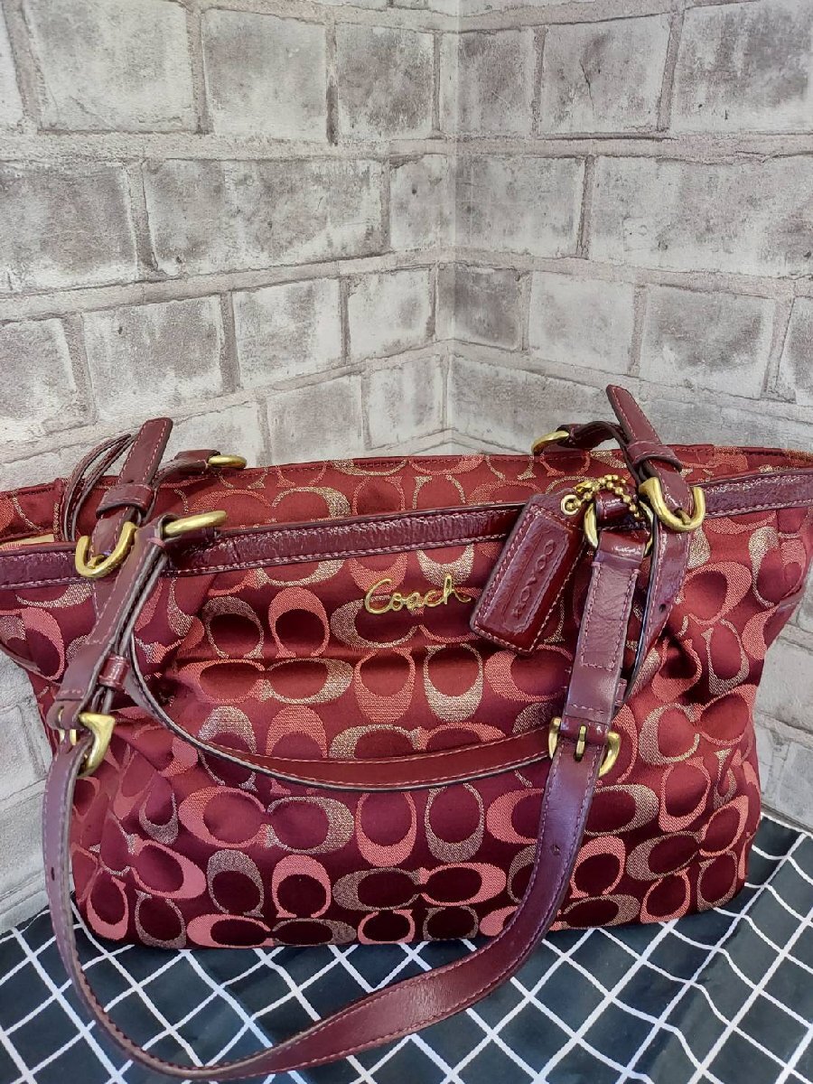 COACH コーチ シグネチャー ショルダーバッグ トートバッグ サテンキャンバス レザー ボルドー J1193-F18106拍卖