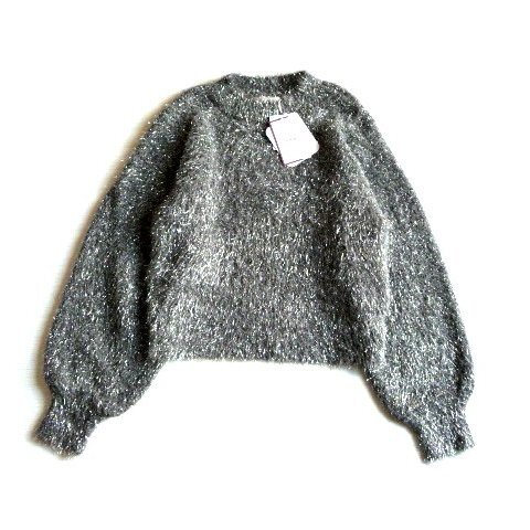 新品 Linoluce ラメ フェザー ヤーン ニット セーター グレー 銀 シルバー プルオーバー レディース ハイネック シャギー 拍卖