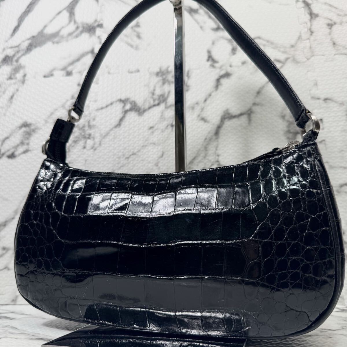 JRA認定/極美品◎sanpo サンポー 三宝 シャイニングクロコダイル アクセサリーポーチ センター取り 2way 肩掛け ブラック ハンドバッグ拍卖