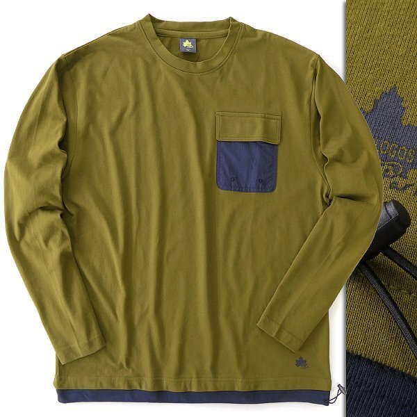 新品 LOGOS ロゴス 布帛 ポケット コットン 天竺 クルーネック 長袖 Tシャツ LL カーキ 【I47298】 メンズ アウトドア 丸首 カットソー拍卖