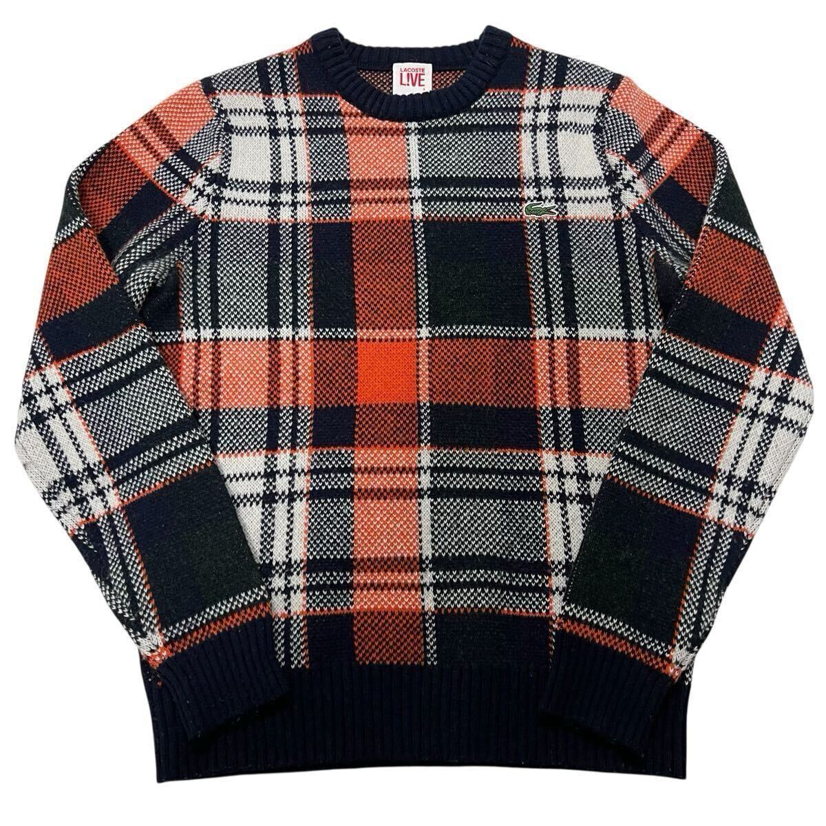 ラコステ ライブ ニット セーター M相当3 マルチカラー 総柄チェック ウール×ナイロン ロングスリーブ 秋冬 LACOSTE LIVE 1円〜拍卖