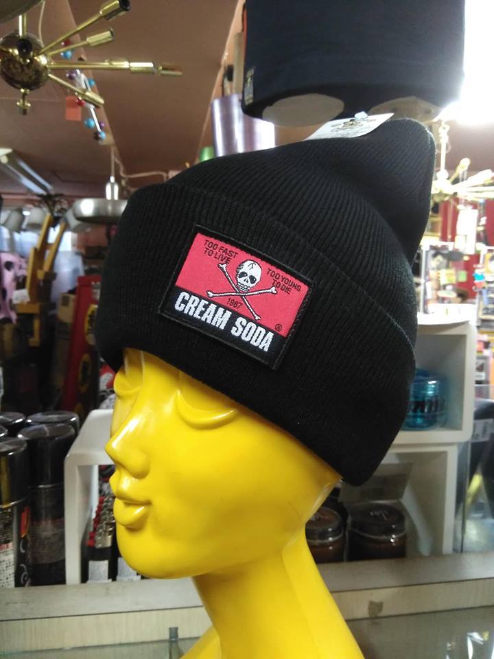 黒色CREAMSODAクリームソーダニットキャップ角ドクロ検索用ロカビリーブラックキャッツビスキャッツピンクドラゴン昭和レトロガイコツ髑髏拍卖