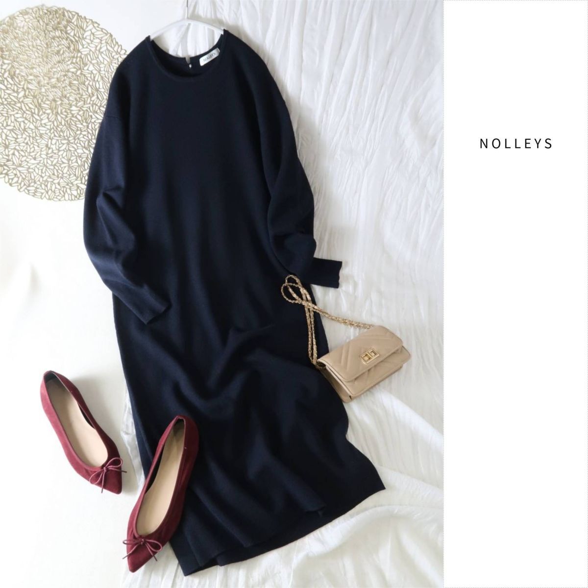 1.6万☆ノーリーズ NOLLEYS☆洗える 16Gミラノリブ パール付ワンピース 36サイズ☆A-O 6250拍卖