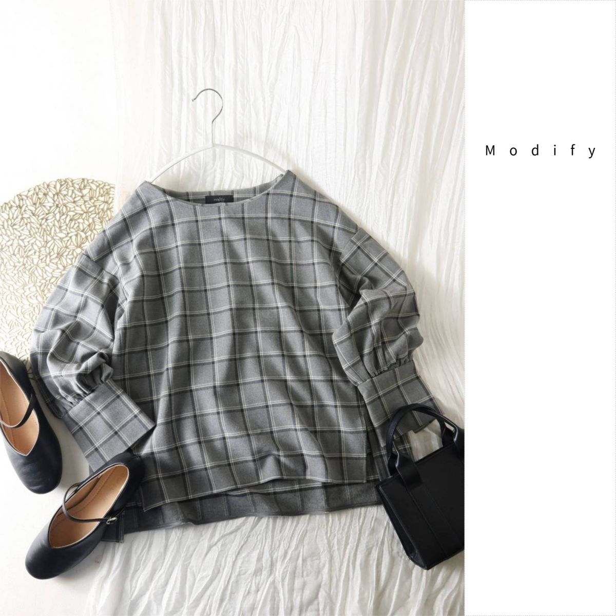 超美品☆モディファイ Modify☆洗える チェック プルオーバー 40サイズ 日本製☆E-M 6302拍卖