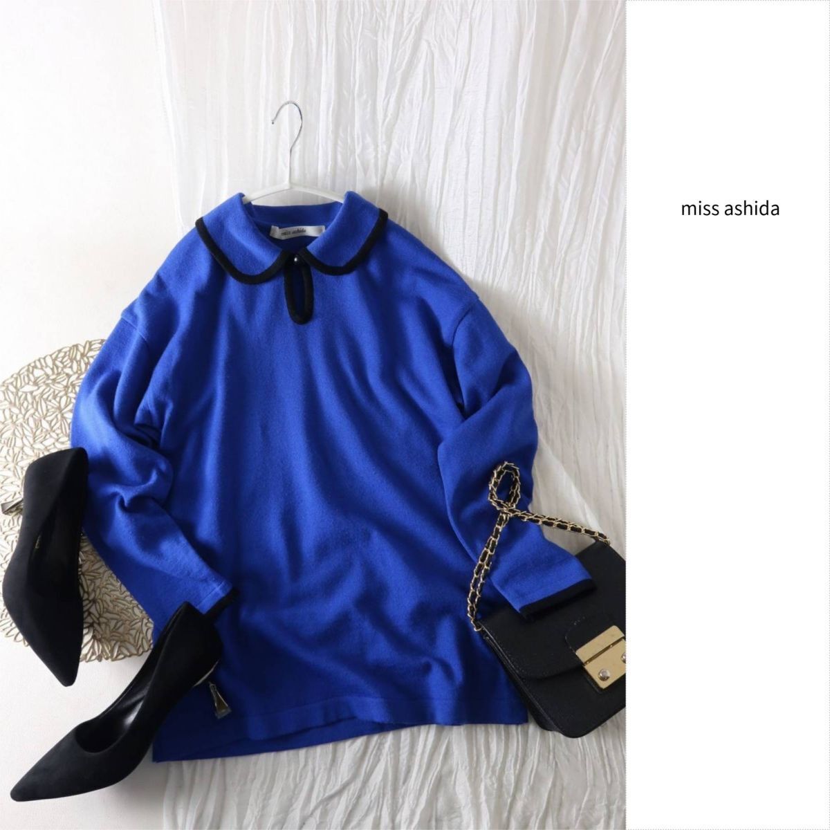 ジュン アシダ /miss ashida☆洗える 毛100% 丸襟 配色ニット Mサイズ☆R-O 5983拍卖