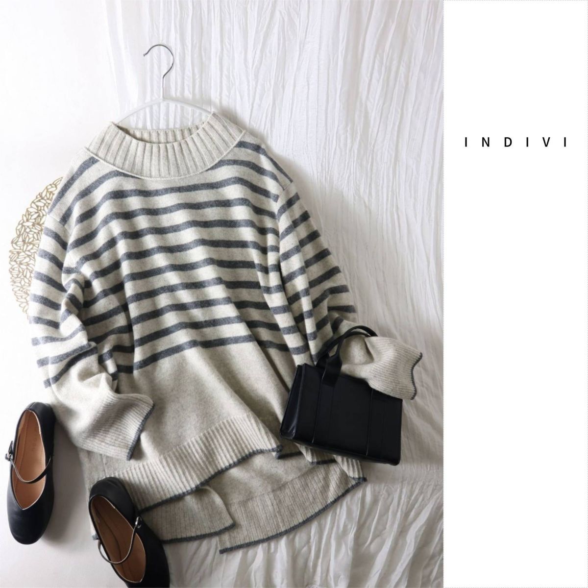 1.4万☆インディヴィ INDIVI☆カシミヤ混 ボーダー柄 ハイネックニットプルオーバー 13サイズ 日本製☆R-O 6329拍卖