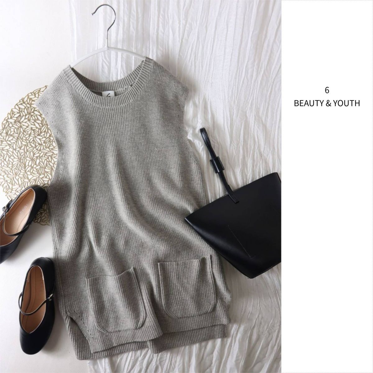 ロク 6/BEAUTY & YOUTH☆ウール混 ダブルポケット ニットベスト☆E-M 6320拍卖