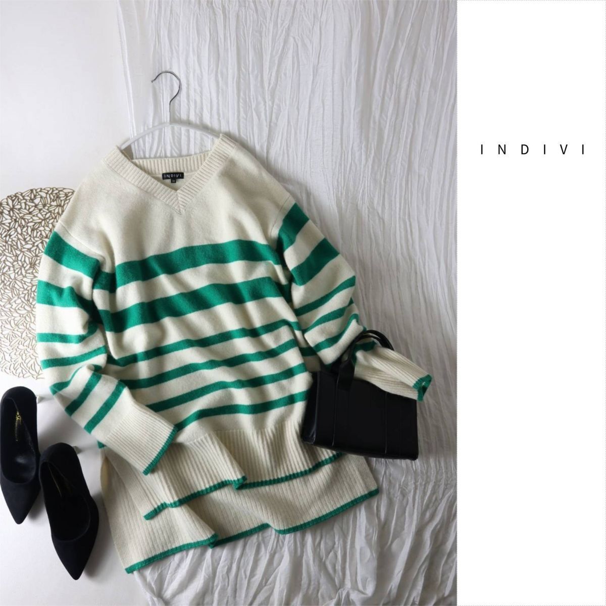 1.6万☆インディヴィ INDIVI☆ウールカシミヤ Vネック ボーダーニット 38サイズ ☆A-O 6217拍卖