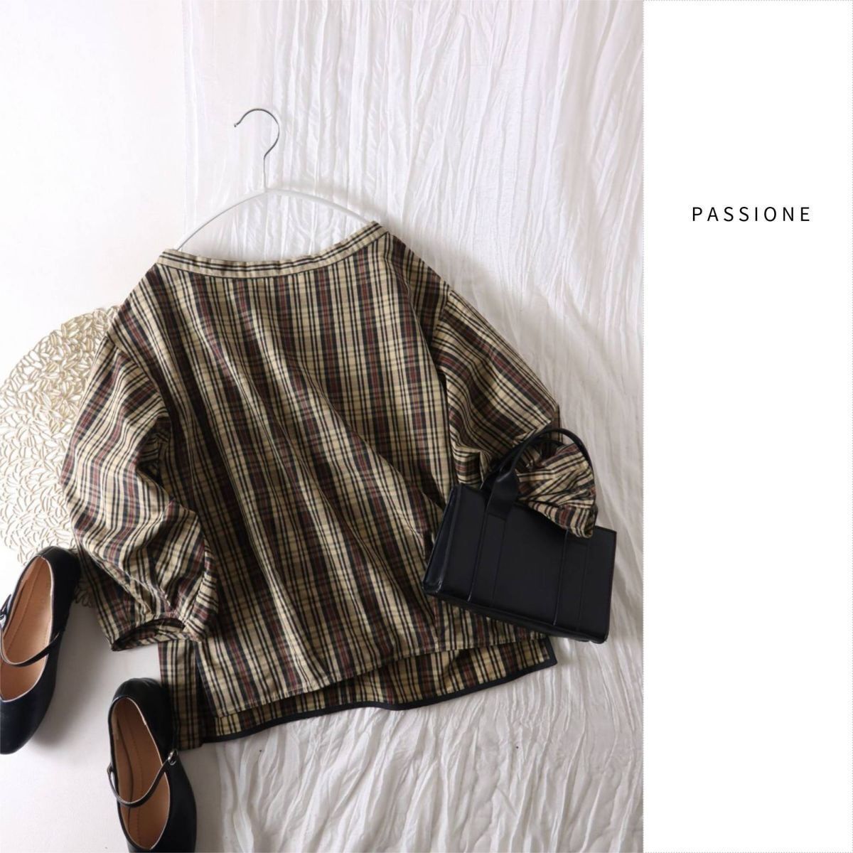 新品☆パシオーネ PASSIONE☆洗える 綿100% ボートネック チェックブラウス 38サイズ 日本製☆M-B 6012拍卖