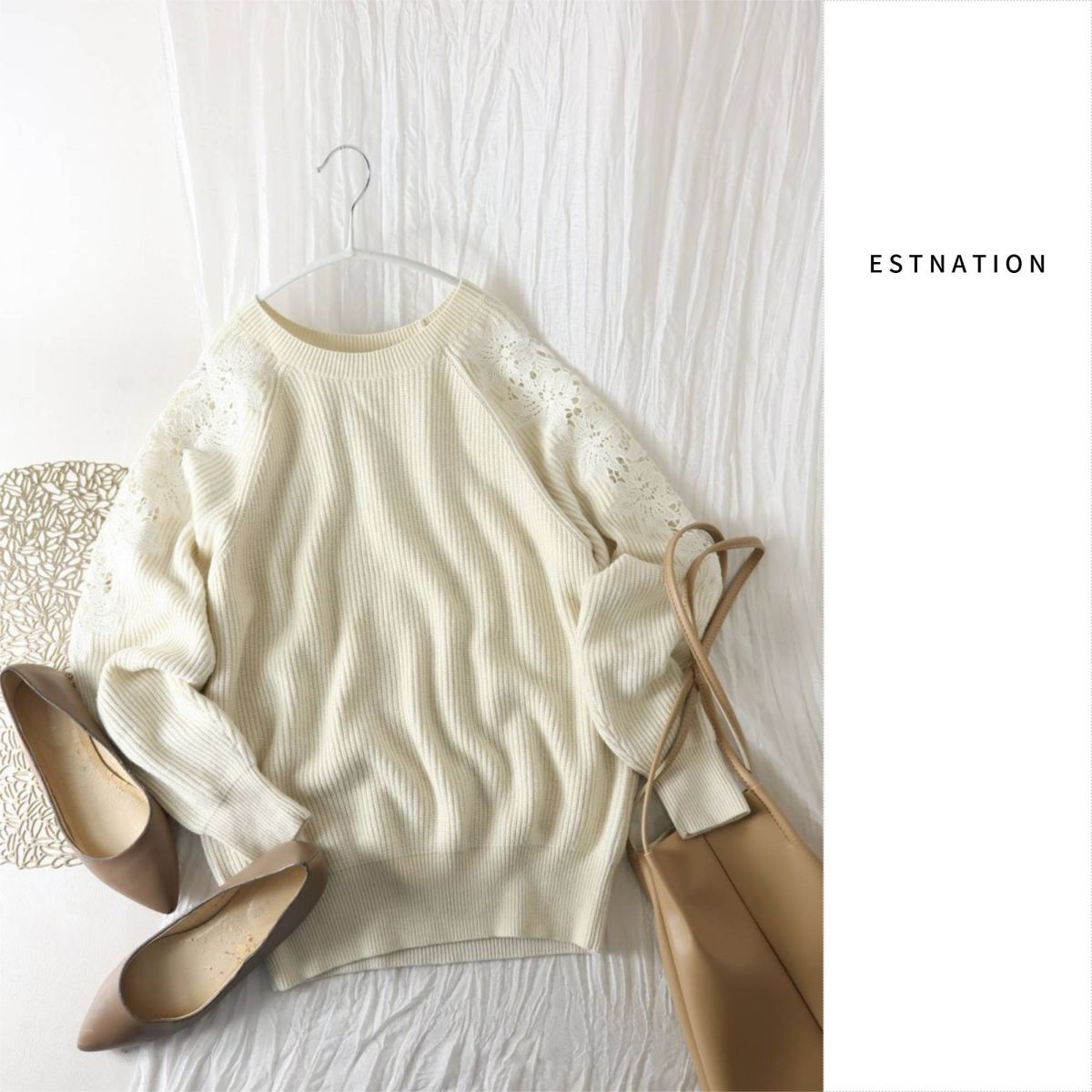 エストネーション ESTNATION☆袖レース使い プルオーバーニット 38サイズ☆M-B 6349拍卖