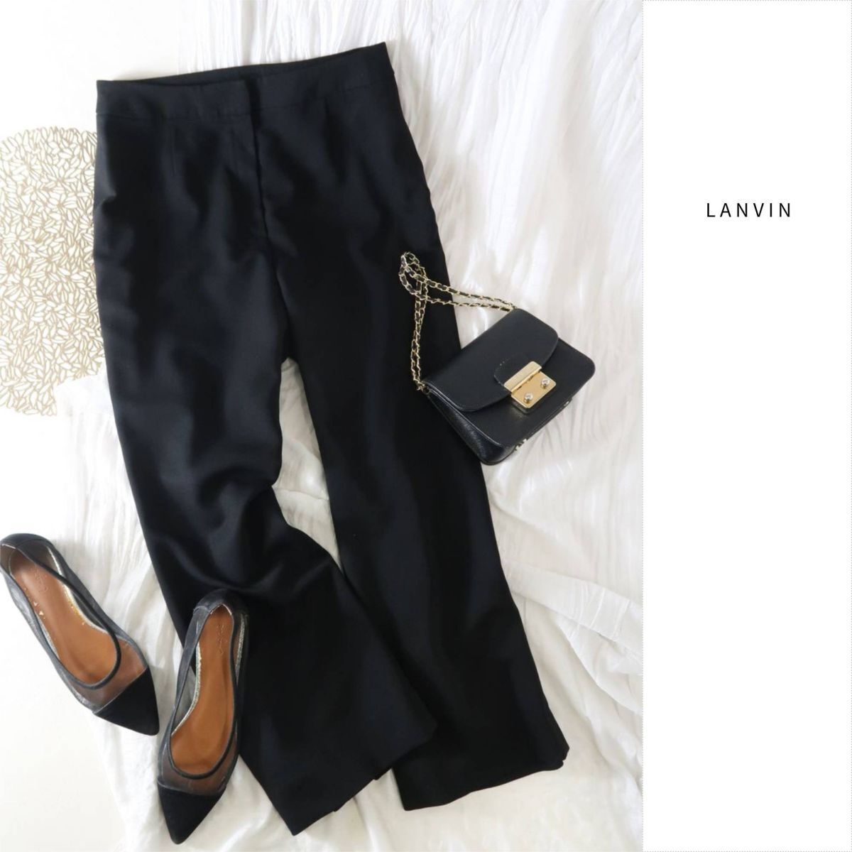 ランバン LANVIN☆毛100% ノータックパンツ 42サイズ 日本製☆A-O 6235拍卖