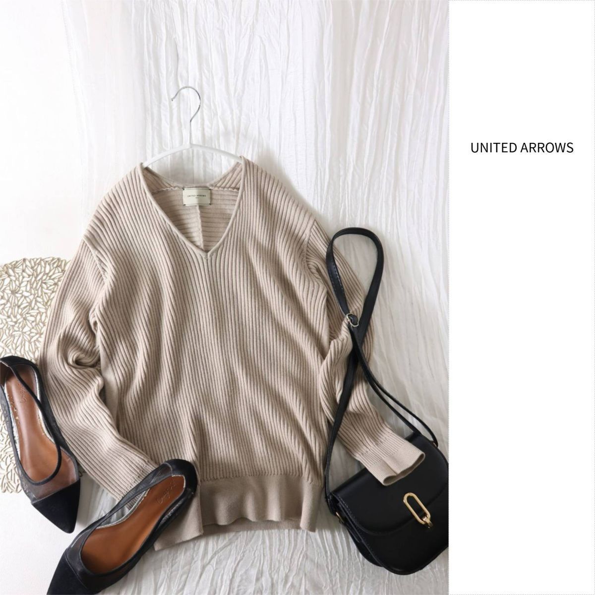 1.6万☆ユナイテッドアローズ UNITED ARROWS☆毛100% リブコンビ Vネックニット☆A-O 6158拍卖
