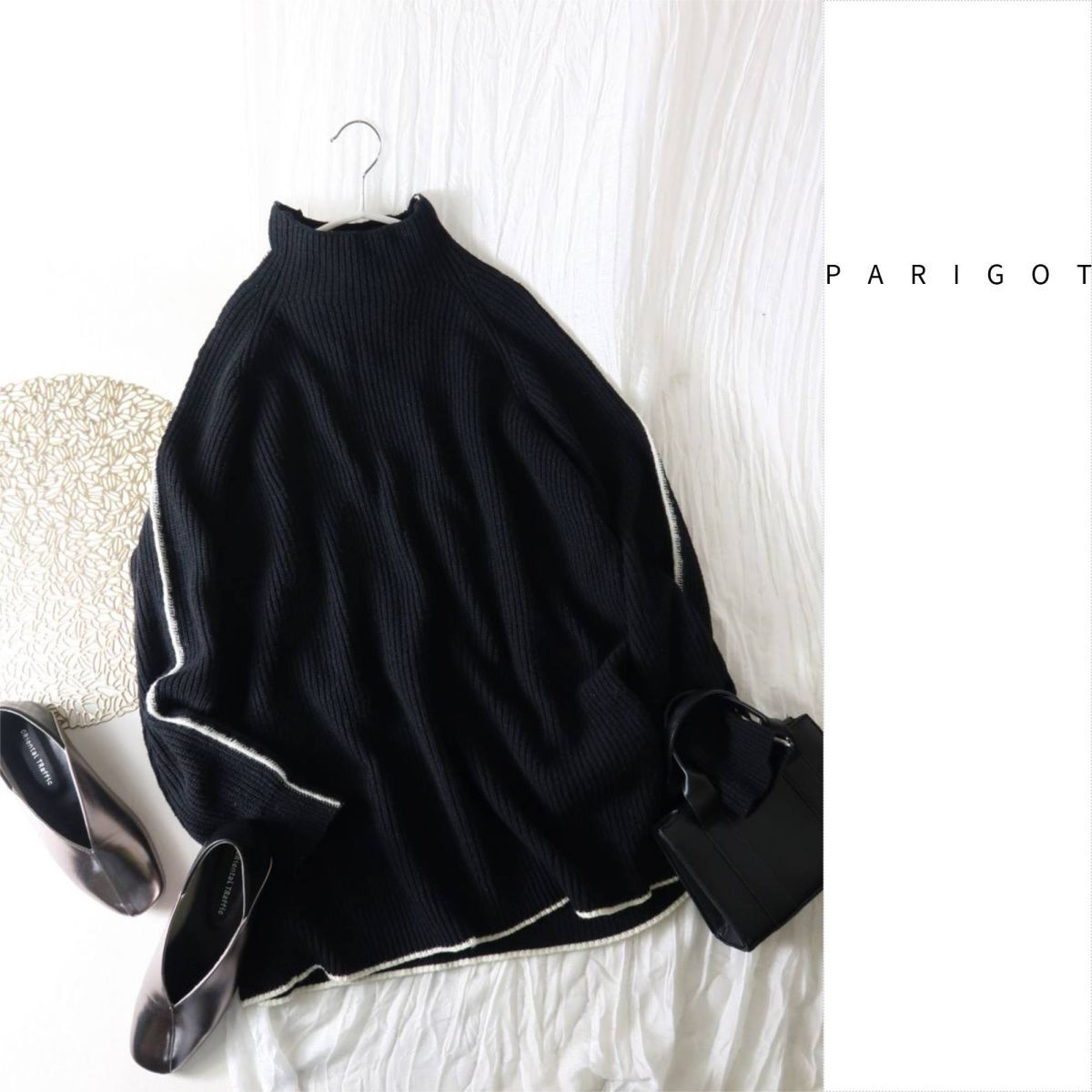 パリゴ PARIGOT☆配色ライン ハイネック ニット Fサイズ☆A-O 6707拍卖