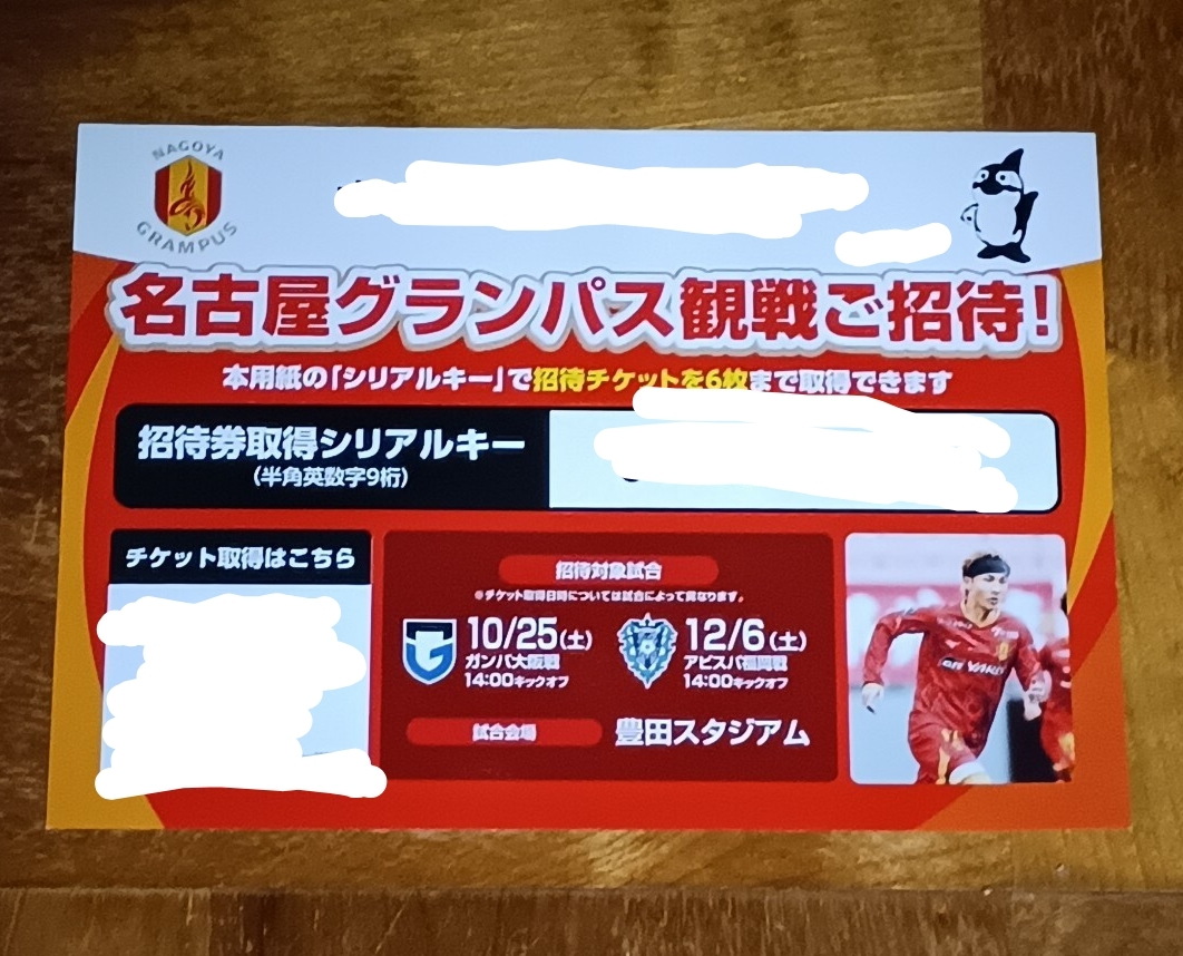 12/6(土)14:00 キックオフ 名古屋グランパス 対 アビスパ福岡 観戦招待チラシ URL・シリアルキー拍卖
