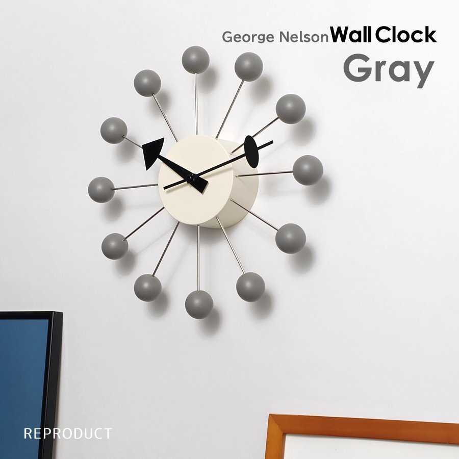 ボールクロック グレー 掛時計 ウォールクロック 壁付け インテリア家具 雑貨 レトロ デザイナーズ ジョージネルソン リプロダクト拍卖