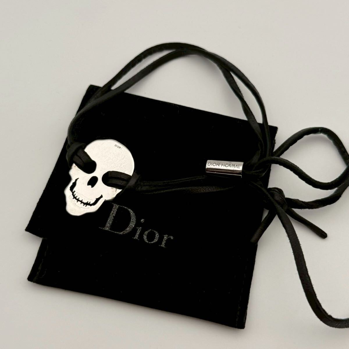 【超超希少・極美品・袋付】Dior Homme ディオール オム エディ期 ネックレス チョーカー シルバー SV925 レザー ドクロ 骸骨 スケルトン拍卖