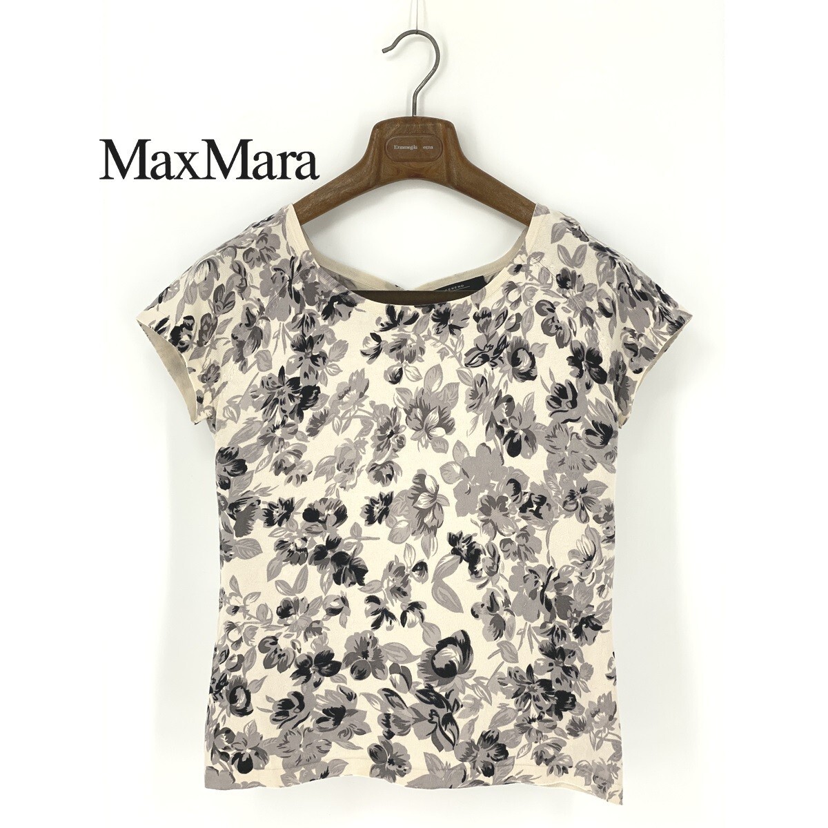 B0041/美品 Max Mara マックスマーラ WEEKEND ウィークエンド ウール 花柄 総柄 半袖 ニット リブ セーター カットソー L程 白 レディース拍卖