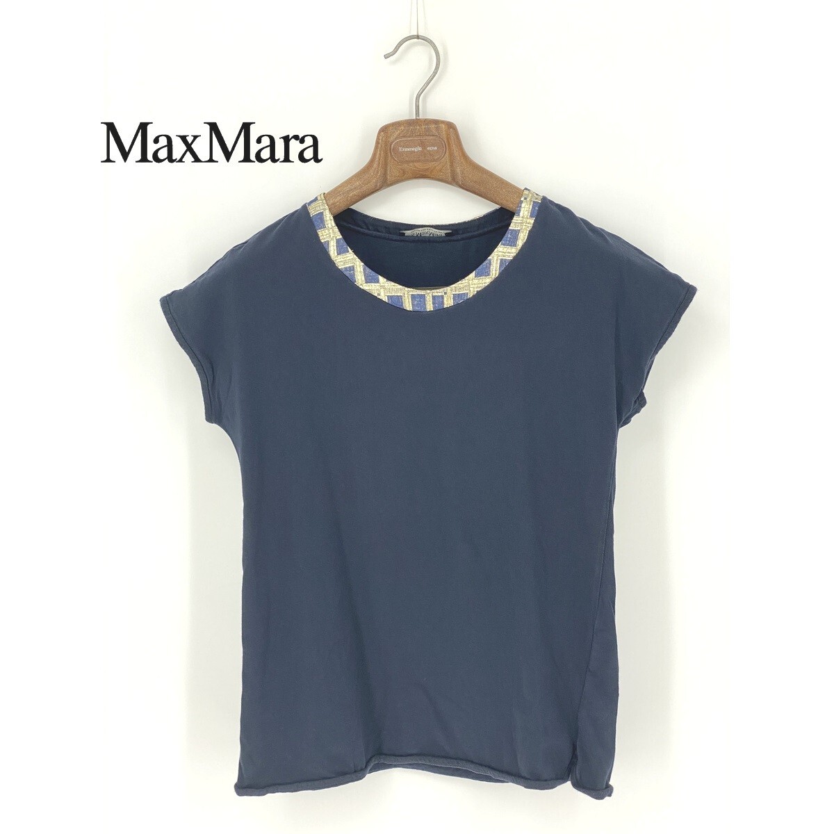 B0176/美品 Max Mara マックスマーラ コットン 金刺繍 チェック クルーネック 丸首 ノースリーブ 半袖 Tシャツ カットソー S 紺 レディース拍卖