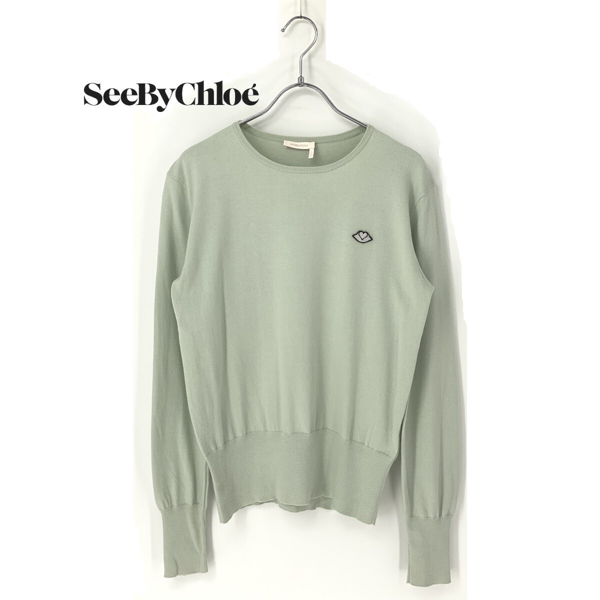 B0022/美品 SEE BY CHLOE シーバイクロエ コットン クルーネック 胸ロゴワッペン 長袖 ニット セーター S 黄緑 レディース カーディガン拍卖