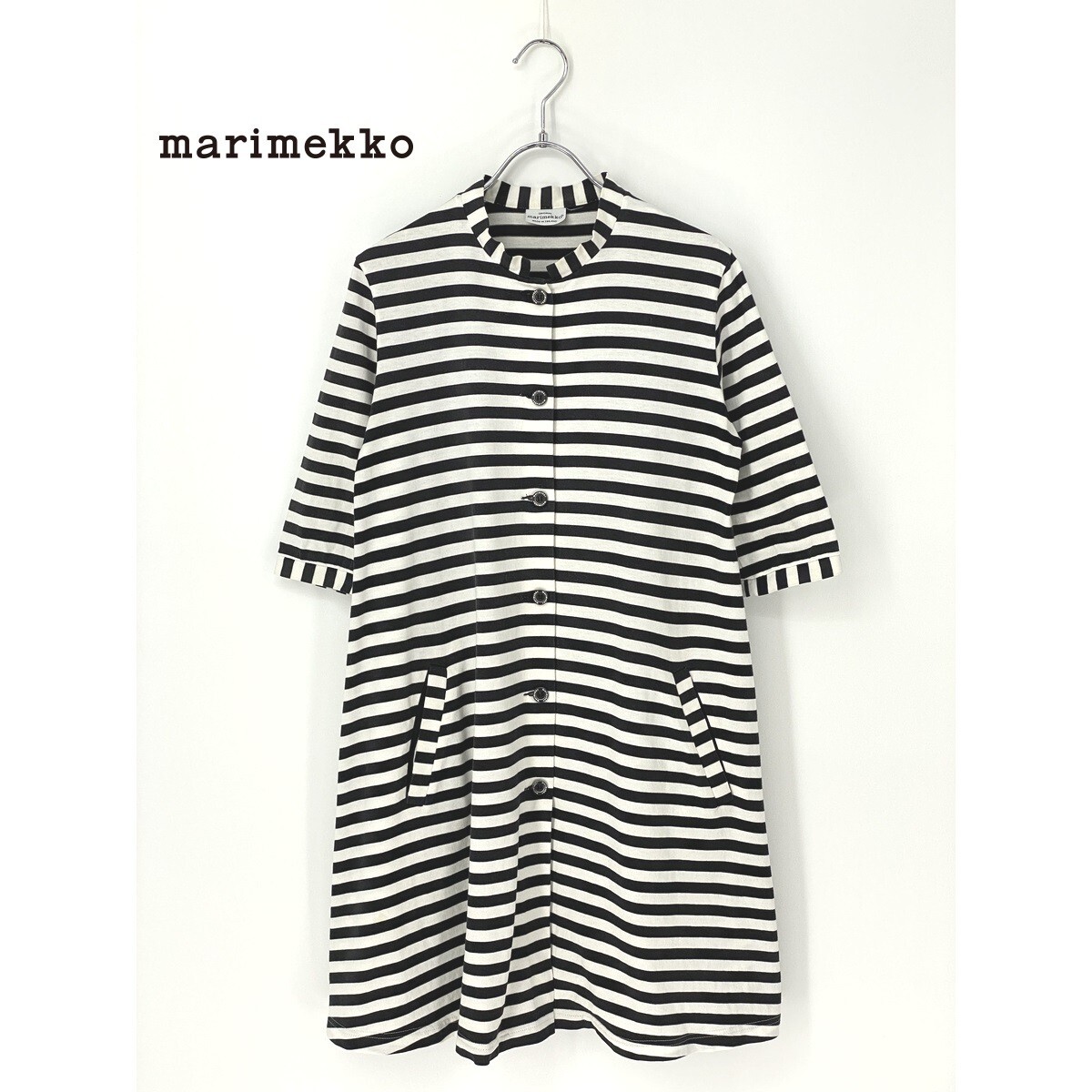 A9626/春夏 marimekko マリメッコ コットン ボーダー マオカラー 半袖 ミニ 膝丈 フレア ワンピース XS 白 黒 フィンランド製 レディース拍卖
