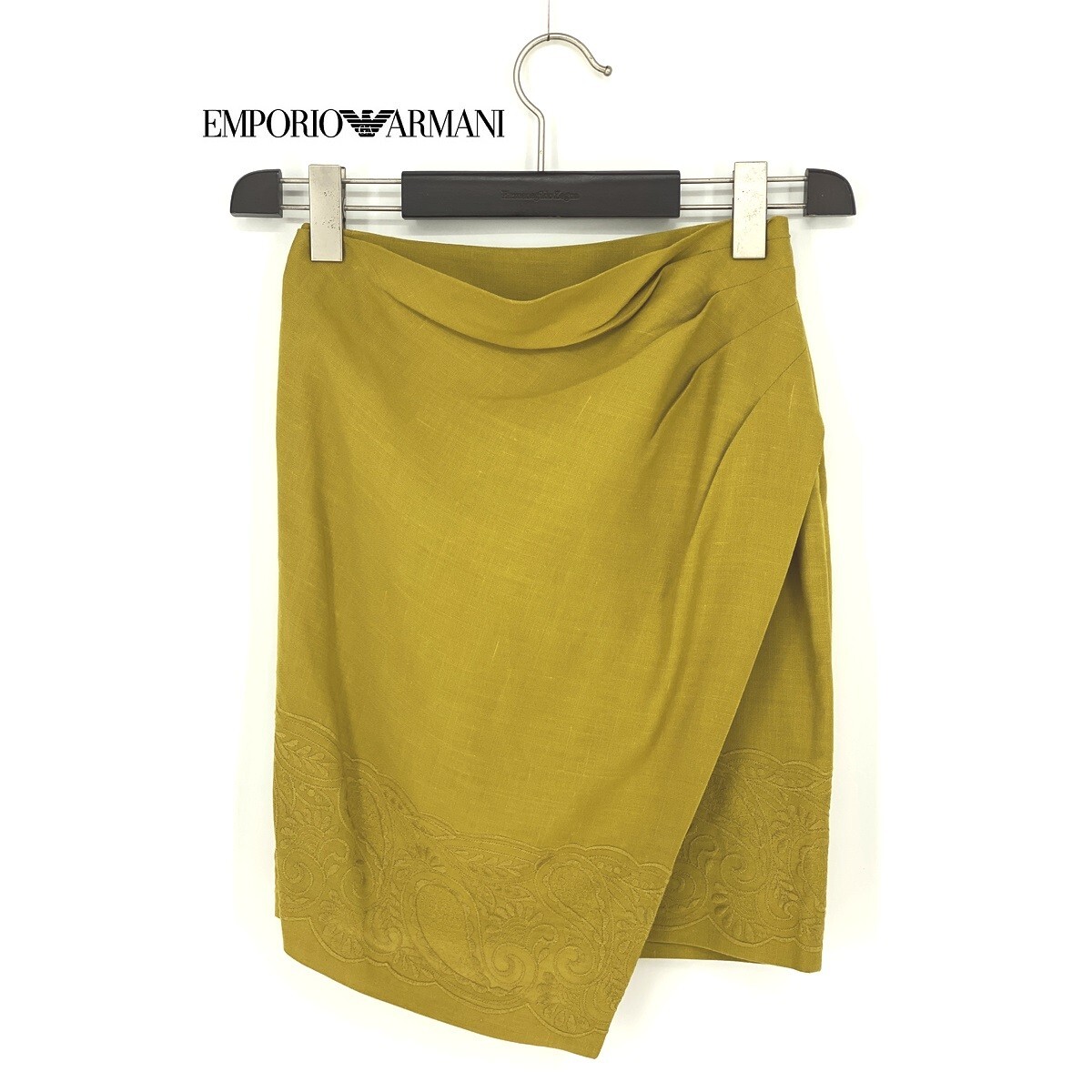 B0817/極美品 EMPORIO ARMANI エンポリオアルマーニ リネン 花刺繍 ボタニカル 変形 ギャザー 膝丈 巻きスカート風 38 M程 黄色 レディース拍卖