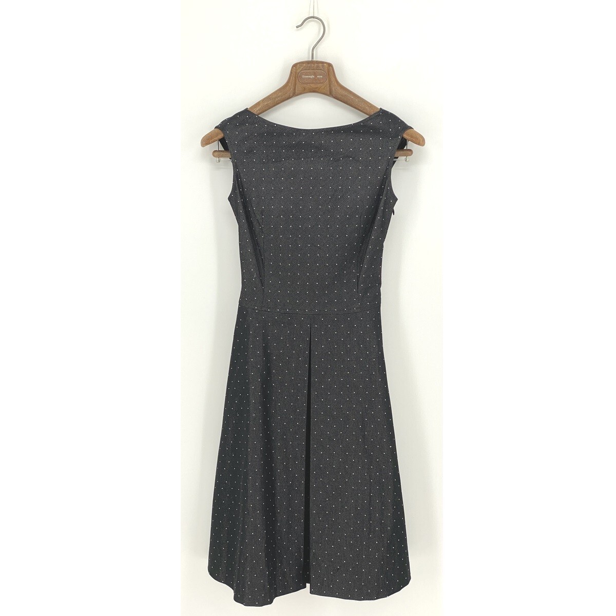 B0781/極美品 JESUS DIAMANTE ジーザスディアマンテ コットン 光沢 ドット柄 総柄 フレア プリーツ ロング 膝丈 ワンピースXS黒 レディース拍卖