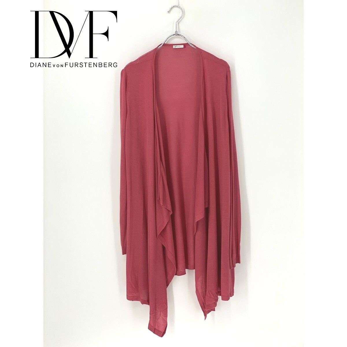 A8437/美品 春夏 DIANE von FURSTENBERG レーヨン シルク 前開き ボタンレス ロング 長袖 ニット リブ カーディガン M ピンク/レディース拍卖
