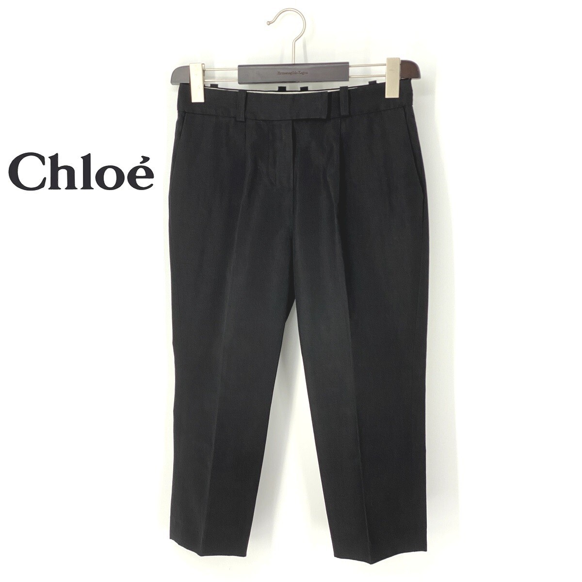 A7195/極美品 春夏 Chloe クロエ ウール リネン 七分丈 無地 テーパード スラックス クロップドパンツ T34 黒/フランス製 レディース拍卖