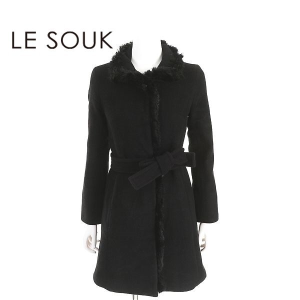 A5795/極美品 秋冬 le souk ルスーク 藤井毛織 アンゴラ ウール ラビット ファー着脱 ロング 膝丈 ステンカラーコート 36 黒/レディース拍卖