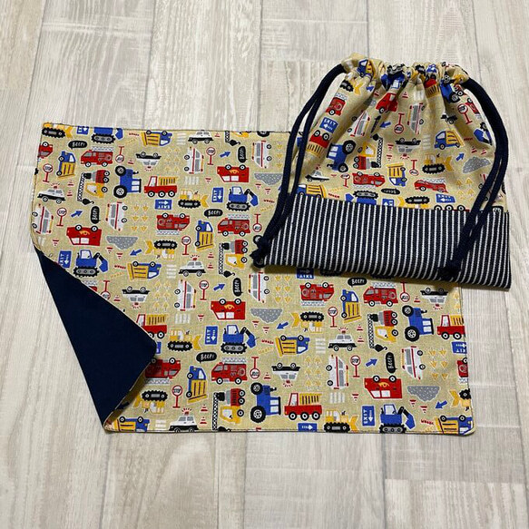 2点セット 巾着袋 ランチマット 働く車 ワーキングカー ヒッコリーデニム ハンドメイド拍卖