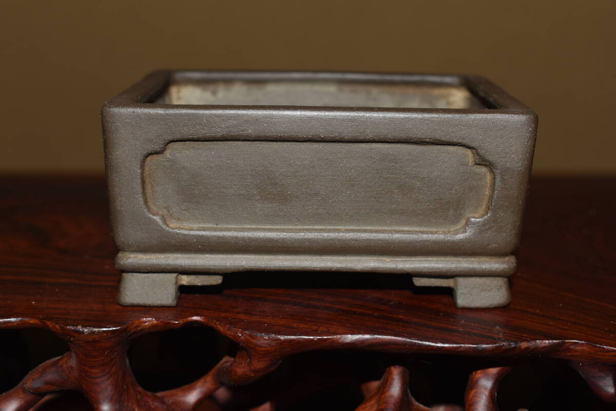 人気古窯作家<禄寿庵陶翠・紫泥・時代乗り抜群・小鉢コレクターが30年使い込まれていた品・丁寧な造り>切立ち額入長方鉢・間口9,5cm拍卖