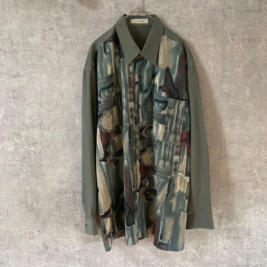 デザインシャツ 総柄 ビンテージ 長袖 サラサラ ポリシャツゆったりLサイズ拍卖