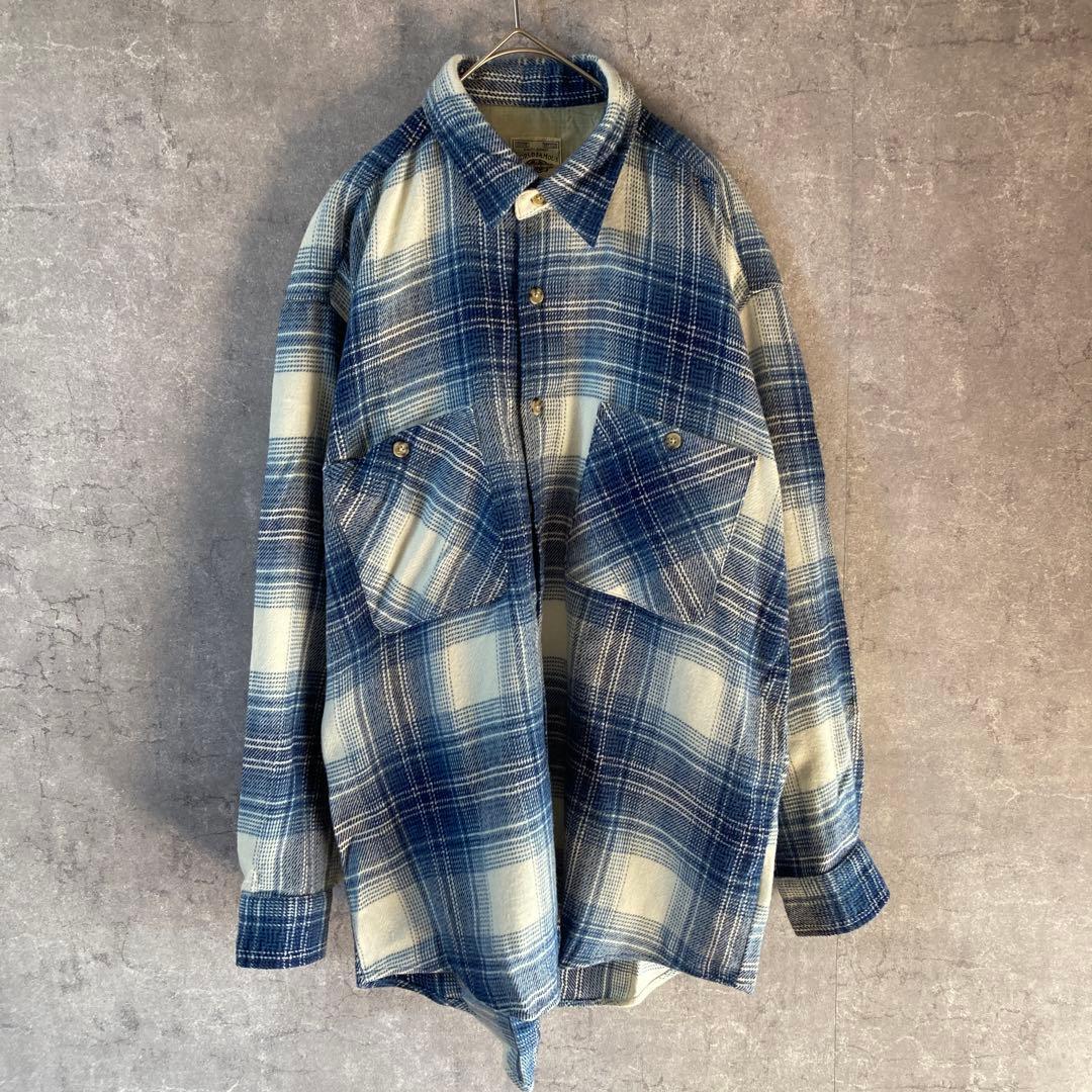 オンブレチェックシャツ 長袖 ブルー系 アクリル 大きめMサイズ ヴィンテージ拍卖