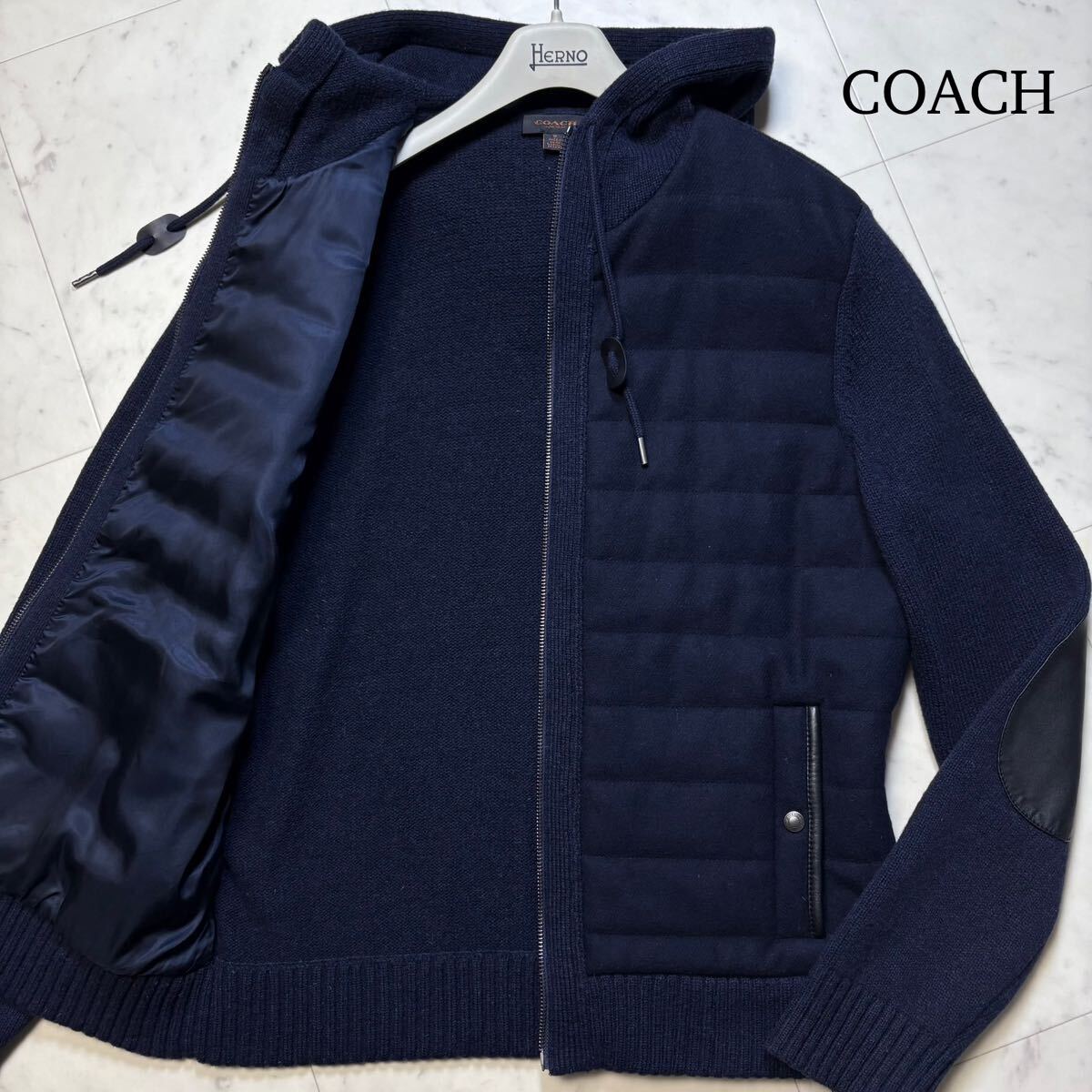 美品/L相当★ コーチ COACH ニット切替 中綿 ダウンジャケット ジップ パーカー ブルゾン ラムレザーエルボーパッチ ウール ネイビー 紺拍卖